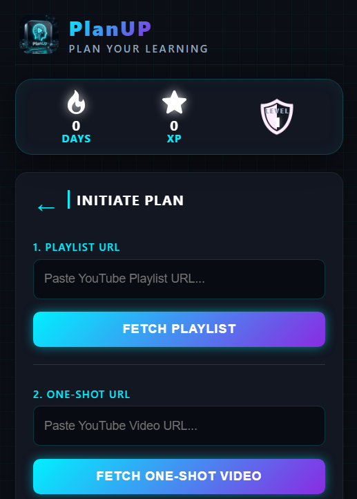 PlanUP Initiate Plan Screen with Playlist and One-Shot options